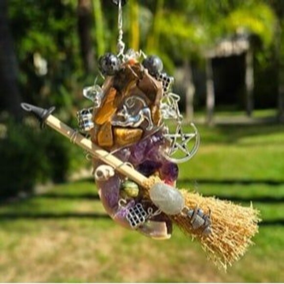 Witch Labradorite Broom with Gemstones and Charms on Abalone Amulet - Picture 4 of 4